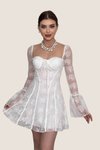 White Mini Lace Shiny Long Sleeve Party Prom Evening Dress