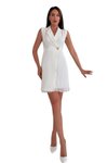 White Mini Wrap Neck Dress with Button and Pleat Details