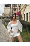 Beyaz Mini Prenses Kollu Romantik Abiye Elbise