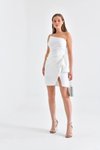 Beyaz Mini Tek Omuz Askılı Volan Detaylı Abiye Elbise