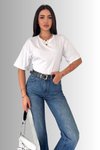 Beyaz Oversize Bisiklet Yaka %100 Pamuk Penye T-Shirt