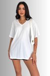 Beyaz Oversize V Yaka %100 Pamuk Penye T-Shirt