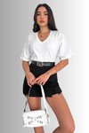 Beyaz Oversize V Yaka %100 Pamuk Penye T-Shirt