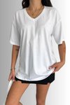 Beyaz Oversize V Yaka %100 Pamuk Penye T-Shirt