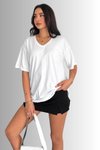 Beyaz Oversize V Yaka %100 Pamuk Penye T-Shirt