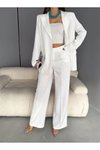 Beyaz Palazzo Pantolon Kruvaze Ceket İkili Takım