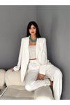 Beyaz Palazzo Pantolon Kruvaze Ceket İkili Takım