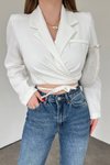 Beyaz Sırt Dekolteli Beli Bağcıklı Crop Ceket