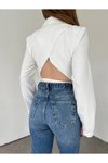 Beyaz Sırt Dekolteli Beli Bağcıklı Crop Ceket