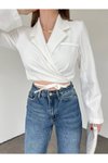 Beyaz Sırt Dekolteli Beli Bağcıklı Crop Ceket