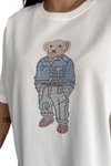 Beyaz Teddy Bear Özel Taş İşlemeli Tasarım Oversize Rahat Kesim T-Shirt