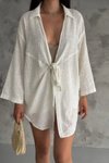 Beyaz Tek Bağlamalı Keten Kimono