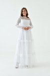 Beyaz Uzun Güpür Ve Dantelli Ensede Düğme Detaylı Tül Abiye Elbise