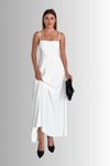 Beyaz Uzun İp Askılı Gipeli Alt Kısmı Geniş Şık Elbise