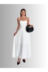 Beyaz Uzun İp Askılı Gipeli Alt Kısmı Geniş Şık Elbise