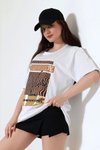 Beyaz Varak Çizgili Oversize Tişört