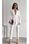 White High-Waisted Pencil Pants and Side-Tie Detail Jacket Set