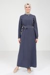 Indigo Piping Detailed Belted Modest Dress