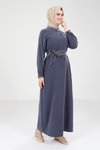 İndigo Biye Detaylı Kemerli Tesettür Elbise
