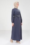 İndigo Biye Detaylı Kemerli Tesettür Elbise