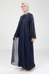 Lacivert Baget Taş İşlemeli Tesettür Abiye Elbise