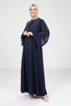 Lacivert Baget Taş İşlemeli Tesettür Abiye Elbise