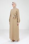 Olive Biye Detaylı Kemerli Tesettür Elbise