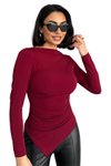 Bordo Asimetrik Drape Detaylı Uzun Kollu Sandy Kumaş Bluz