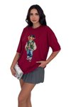 Bordo Ayıcık Baskılı Bisiklet Yaka Oversize Kalıp T-Shirt