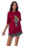 Bordo Ayıcık Baskılı Bisiklet Yaka Oversize Kalıp T-Shirt