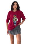 Bordo Ayıcık Baskılı Bisiklet Yaka Oversize Kalıp T-Shirt
