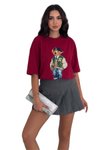 Bordo Ayıcık Baskılı Bisiklet Yaka Oversize Kalıp T-Shirt