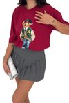 Bordo Ayıcık Baskılı Bisiklet Yaka Oversize Kalıp T-Shirt