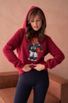 Bordo Ayıcık Desenli Üç İplik Şardonlu Ve Kapüşonlu Sweatshirt