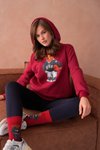 Bordo Ayıcık Desenli Üç İplik Şardonlu Ve Kapüşonlu Sweatshirt