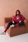 Bordo Ayıcık Desenli Üç İplik Şardonlu Ve Kapüşonlu Sweatshirt