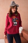 Bordo Ayıcık Desenli Üç İplik Şardonlu Ve Kapüşonlu Sweatshirt