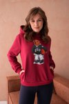 Bordo Ayıcık Desenli Üç İplik Şardonlu Ve Kapüşonlu Sweatshirt