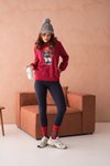 Bordo Ayıcık Desenli Üç İplik Şardonlu Ve Kapüşonlu Sweatshirt