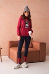 Bordo Ayıcık Desenli Üç İplik Şardonlu Ve Kapüşonlu Sweatshirt