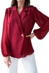 Bordo Metal Düğmeli Tül Kollar Ve Pilise Detaylı Bluz