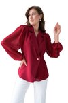 Bordo Metal Düğmeli Tül Kollar Ve Pilise Detaylı Bluz