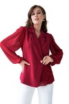 Bordo Metal Düğmeli Tül Kollar Ve Pilise Detaylı Bluz