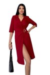Bordo Midi Business &amp; Yaka Drape Ve Gold Toka Detaylı Yarım Kol Ceket Elbise