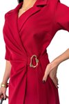Bordo Midi Business &amp; Yaka Drape Ve Gold Toka Detaylı Yarım Kol Ceket Elbise