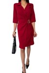 Bordo Midi Business &amp; Yaka Drape Ve Gold Toka Detaylı Yarım Kol Ceket Elbise
