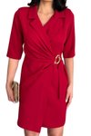Bordo Midi Business &amp; Yaka Drape Ve Gold Toka Detaylı Yarım Kol Ceket Elbise