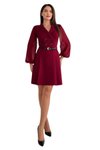 Bordo Mini Kemer Ve Düğme Detaylı Kolları Tasarım Yaka Ceket Tül Elbise