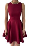 Bordo Mini Mezuniyet &amp; Balo Sıfır Yaka Fırfırlı Etek Abiye Elbise