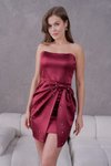 Bordo Mini Taşlı Straplez Saten Mezuniyet Abiye Elbise